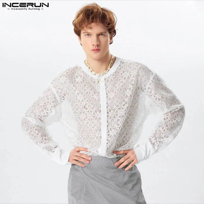 2024 Men Shirt Lace Transparent Stand Collar Long Sleeve Men Clothing Loose Sexy Streetwear Fashion Casual Camisas S-5XL INCERUN