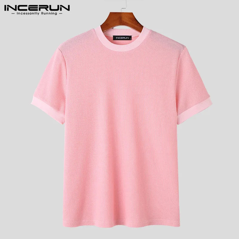 INCERUN Tops 2023 Korean Style Men Knitted Design T-shirts Casual Streetwear Male Solid Comfortable Short Sleeved Camiseta S-5XL