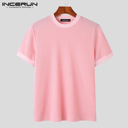 INCERUN Tops 2023 Korean Style Men Knitted Design T-shirts Casual Streetwear Male Solid Comfortable Short Sleeved Camiseta S-5XL