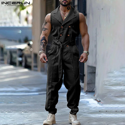 INCERUN 2024 American Style Stylish Men's Rompers Double Breasted Design Solid Sleeveless Streetwear Solid Strap Jumpsuits S-5XL