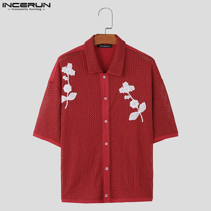 Fashion Well Fitting Tops INCERUN Handsome Men Hollow Mesh Decal Shirts Casual Streetwear Personality Short Sleeved Blouse S-5XL