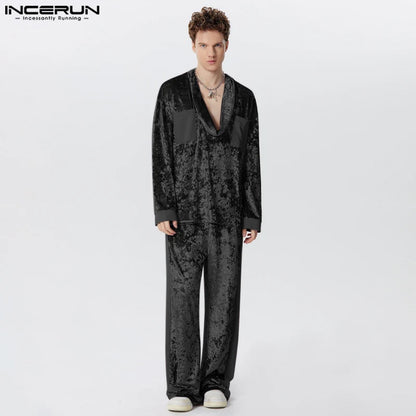 INCERUN 2024 American Style Stylish Sets Men's Suede Splicing Long Sleeved Swing Collar Tops Pants Clubwear Suit 2 Pieces S-5XL