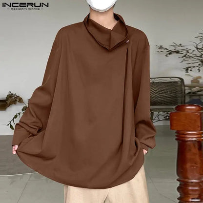 INCERUN Tops 2023 Korean Style Fashion Men's Swinging Neck Irregular Neckline Shirts Casual Solid Loose Long Sleeve Blouse S-5XL