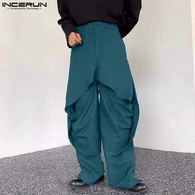 INCERUN 2024 Pantalons de style coréen Nouveaux hommes Conception plissée à double couche Pantalons longs solides Loisirs Streetwear Pantalons amples S-5XL