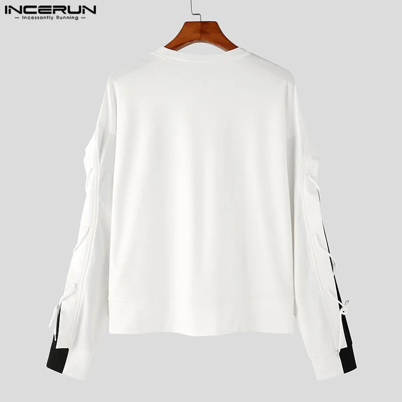 INCERUN Tops 2024 Style coréen Nouveaux hommes Noir et blanc Couleur contrastée Dentelle T-shirts Décontracté Streetwear Lâche O-cou Camiseta S-5XL