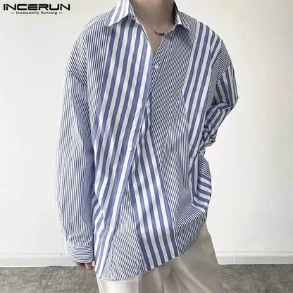 Handsome Well Fitting Tops INCERUN Men's Striped Patchwork Design Shirts Casual Fashionable Male Long Sleeved Lapel Blouse S-5XL