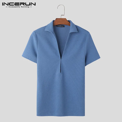 INCERUN Tops 2024 Korean Style Fashion Mens Texture Deep V Design T-shirts Casual Streetwear Short Sleeve Knitted Camiseta S-5XL