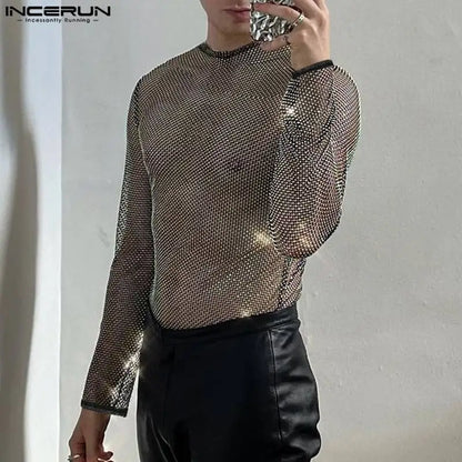 Party Nightclub Style Tops INCERUN New Men Glitter Mesh See-through Camiseta Sexy Male All-match Long Sleeve Thin T-shirts S-5XL