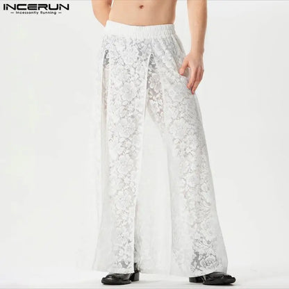 INCERUN 2024 Amerikanischen Stil Sexy Herren Pantalons Spitze Hohl Schlitz Design Hosen Casual Party Zeigt Heißer Verkauf Dünne Hosen S-5XL