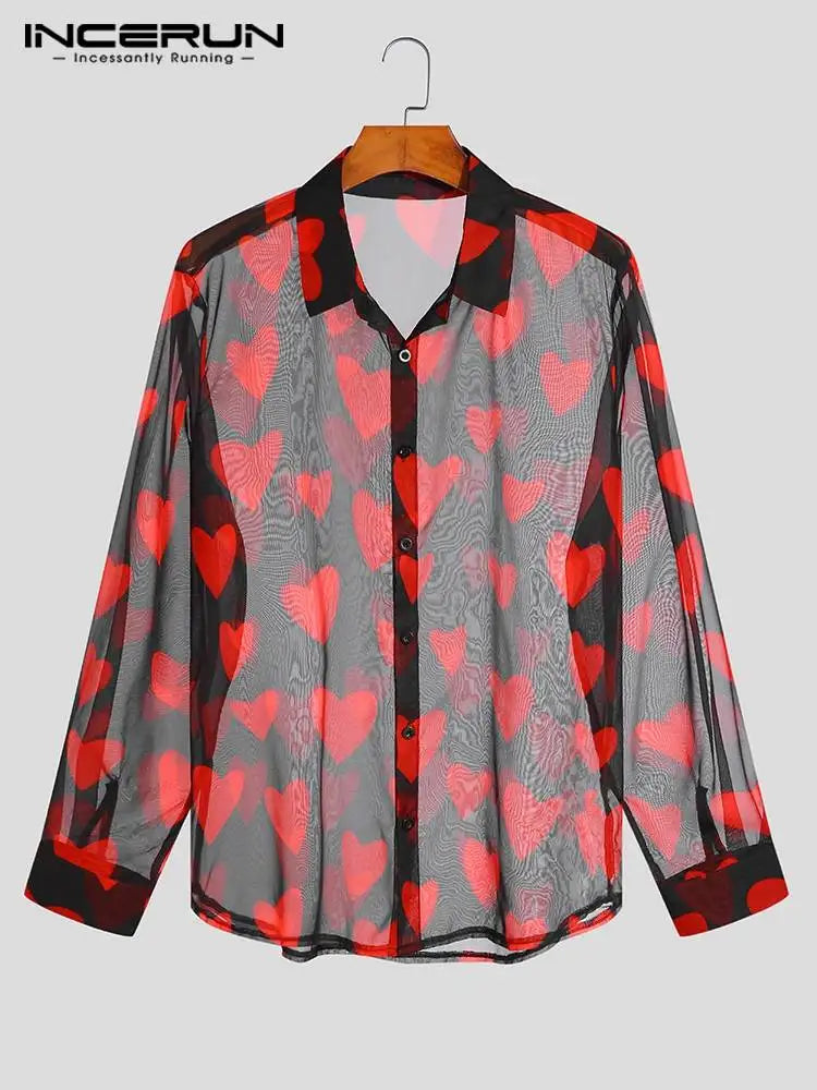 INCERUN Tops 2023 American Style Men's Sexy Leisure Mesh Blouse Casual Male See-through Heart Printing Long-sleeved Shirts S-5XL