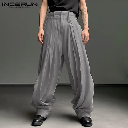 INCERUN 2024 Korean Style New Men Trousers Pleated Solid Color Long Pants Casual Streetwear Male Loose All-match Pantalons S-5XL