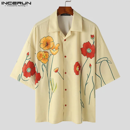 INCERUN Tops 2024 American Style Fashion Men's Floral Print Design Shirt Casual Streetwear Simple Lapel Half Sleeve Blouse S-5XL