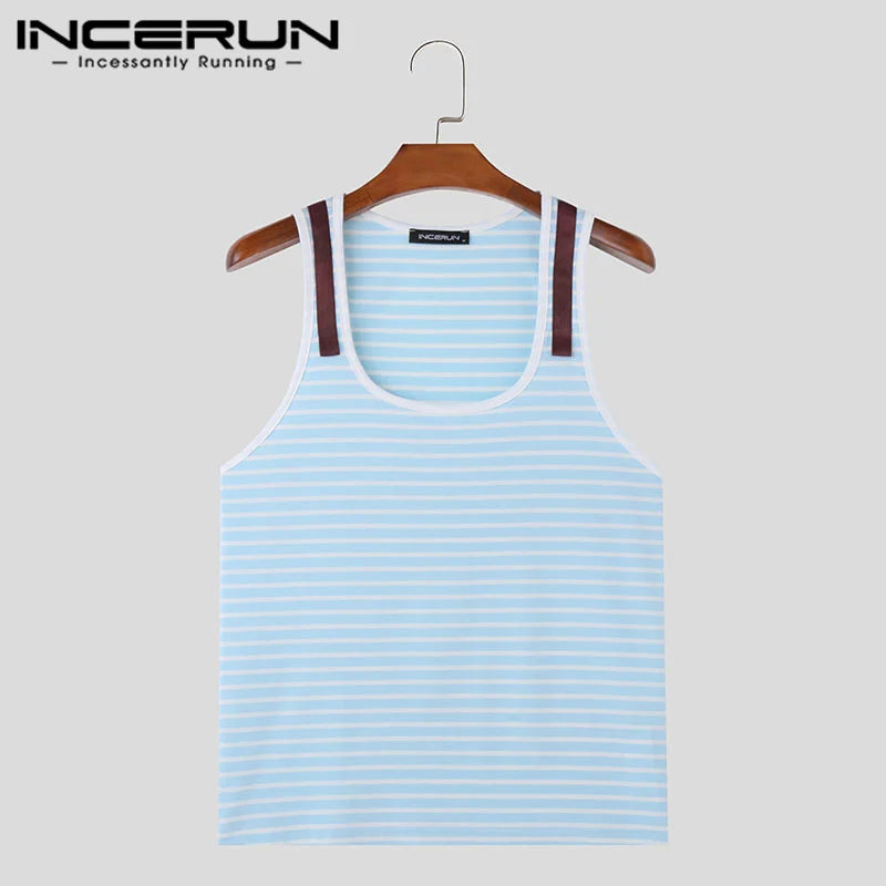 INCERUN Tops 2024 Fashion Men Solid Stripe Splicing Knitted Design Vests Summer Male All-match U-neck Sleeveless Tank Tops S-5XL