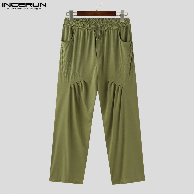 INCERUN 2024 Korean Style Casual Trousers Men's Pleated Craft Design Pant Stylish Rubber Waist Drawstring Sports Pantalons S-5XL