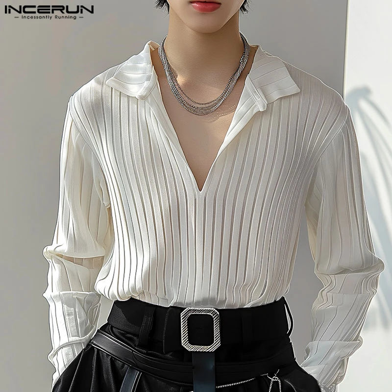 INCERUN Tops 2024 Korean Style Men's Solid Texture Simple All-match Shirts Casual Streetwear Male Hot Selling Lapel Blouse S-5XL