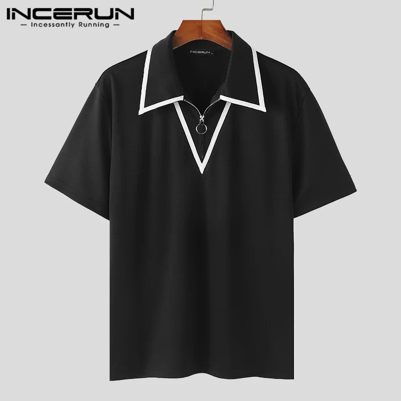 INCERUN Tops 2024 American Style Fashion Men's Line Splicing Lapel Design Shirts Summer Casual Short Sleeved Zipper Blouse S-5XL