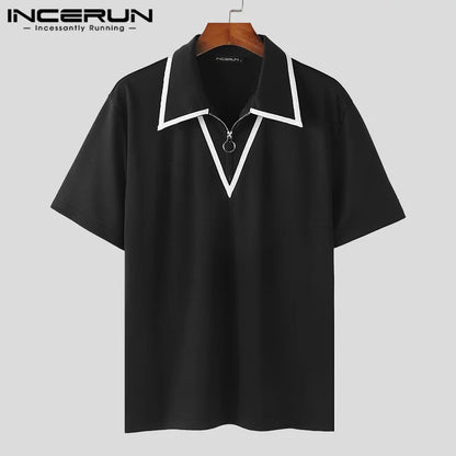 INCERUN Tops 2024 American Style Fashion Men's Line Splicing Lapel Design Shirts Summer Casual Short Sleeved Zipper Blouse S-5XL