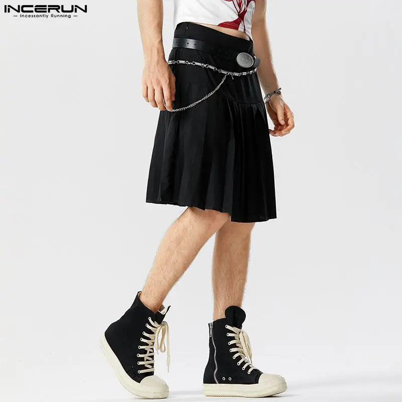 2023 Men Skirts Solid Color Shorts Zipper Pleated Fashion Men Bottoms Summer Streetwear Personality Unisex Skirts S-5XL INCERUN