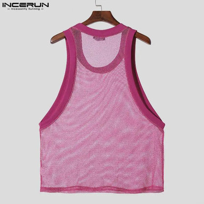 Sexy stylische Tops INCERUN 2024 Herren Glitzerstoff Durchsichtiges Mesh Hohl Westen Freizeit Clubwear Heißer Verkauf Dünne Tank Tops S-5XL