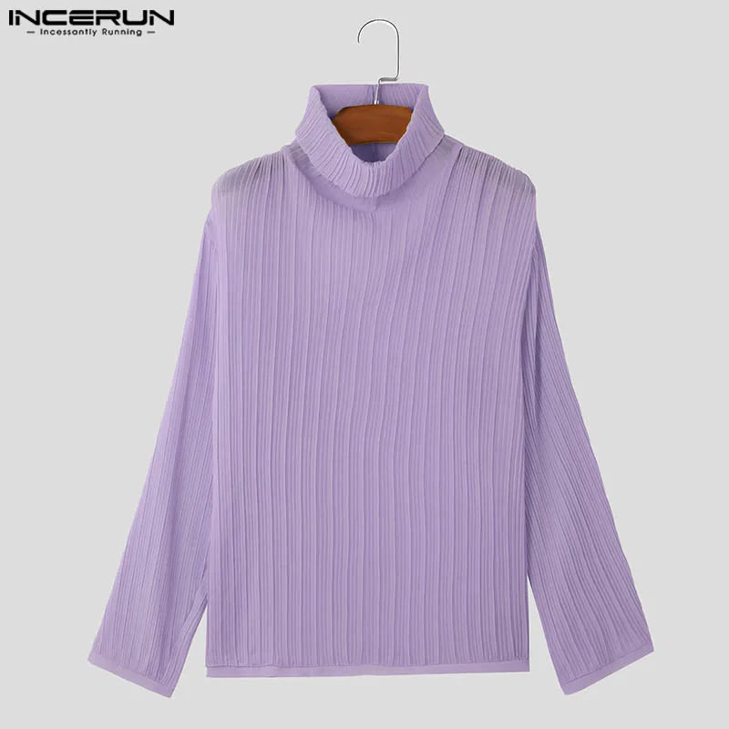 INCERUN Tops 2024 Korean Style New Men High Neck Design Striped Pleated T-shirts Casual Fashion Thin Long Sleeved Camiseta S-5XL