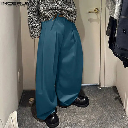 INCERUN 2024 Hose im koreanischen Stil für Herren, lockere Silhouette, stilvolle lange Hose, lässig, gut sitzend, solide Pantalons mit weitem Bein, S-5XL