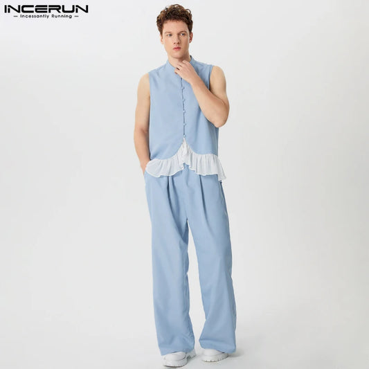 INCERUN 2024 American Style Mens Sets Stylish Ruffled Hem Splicing Stand Neck Vests Pants Leisure Streetwear Suit 2 Pieces S-5XL