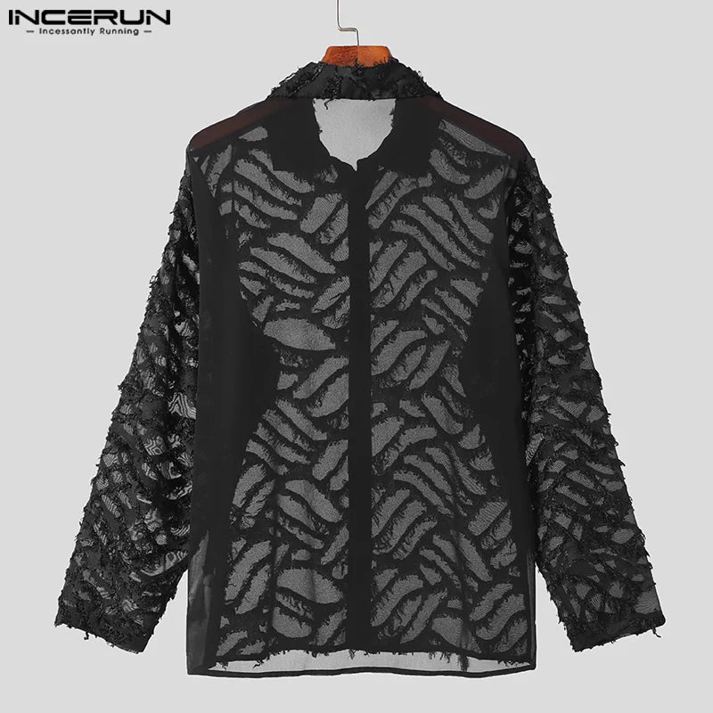 INCERUN Tops 2024 Korean Style Men's Hollow Plush Tassels Perspective Design Shirts Casual Streetwear Long Sleeved Blouse S-5XL