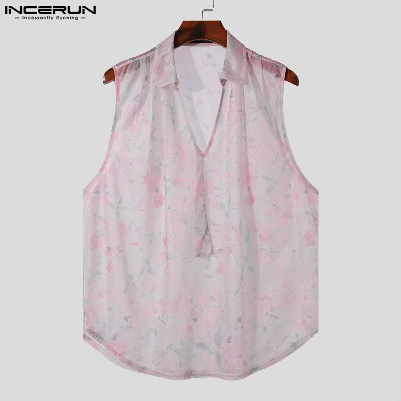 Sexy Fashion Style Tops INCERUN Men's Perspective Floral Printed Vests Summer Casual Personality Sleeveless Tank Tops S-5XL 2024