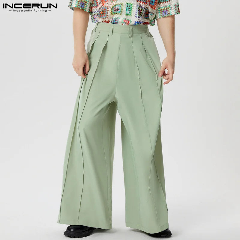 INCERUN 2024 American Style Trousers New Men's Wide Leg Pleated Design Long Pants Casual Streetwear Solid Color Pantalons S-5XL