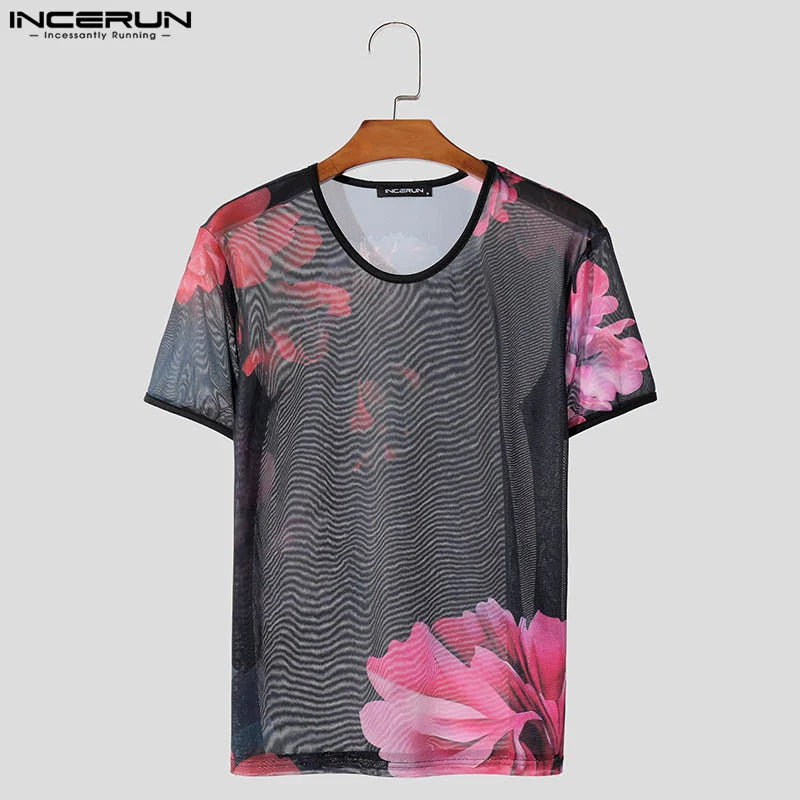 INCERUN Tops 2024 American Style Men's Perspective Flower Print Pattern T-shirt Fashion Casual Thin Short Sleeved Camiseta S-5XL