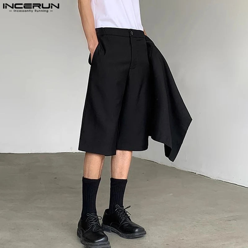 INCERUN 2024 Shorts de style coréen pour hommes, faux shorts de conception irrégulière en deux pièces, shorts d'été décontractés bien ajustés pour hommes, shorts solides S-5XL