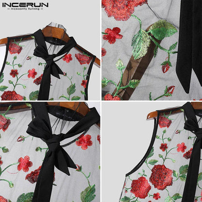 INCERUN Tops 2024 American Style Sexy Men's Ribbon Design Vests Fashion Casual Thin Embroidered Rose Sleeveless Tank Tops S-5XL