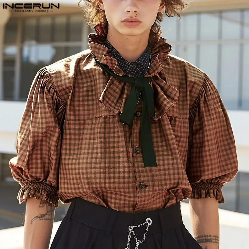 INCERUN Tops 2024 American Style Fashion Men's Doll Collar Plaid Shirt Casual Clubwear Male Hot Sale Medium Sleeved Blouse S-5XL