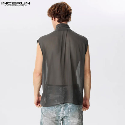 INCERUN Tops 2024 Style américain Beau Hommes Ruban Design Gilets Élégant Épissage Floral Transparent Sans Manches Débardeurs S-5XL