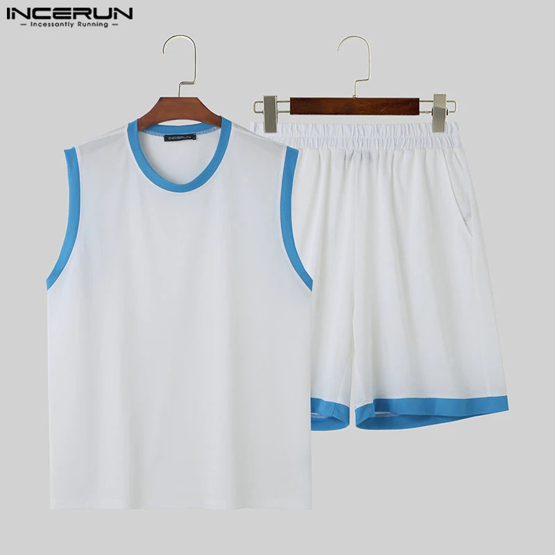 INCERUN 2024 Korean Style Handsome Mens Sets Sleeveless Vests Shorts Leisure Streetwear Male Shoulder Design Suit 2 Pieces S-5XL