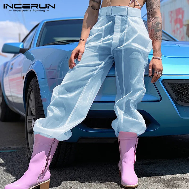 INCERUN 2024 American Style Pantalons Men's Solid See-through Mesh Long Pants Leisure Clubwear Sexy Hot Sale Thin Trousers S-5XL