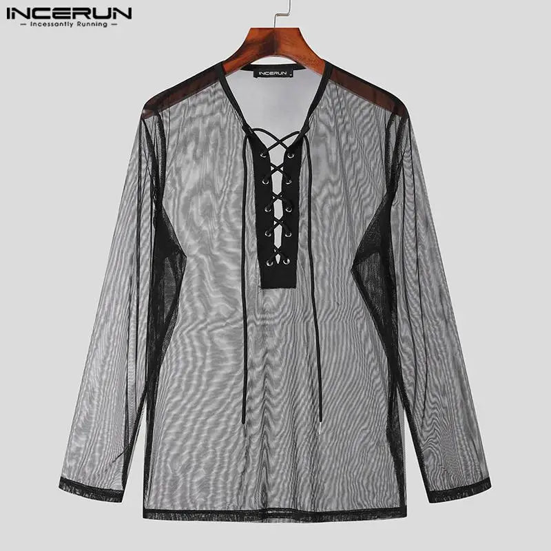 INCERUN Tops 2023 Style américain Hommes Mode Sexy Maille Cordon T-shirts Loisirs Confortable Mince Manches Longues Camiseta S-3XL