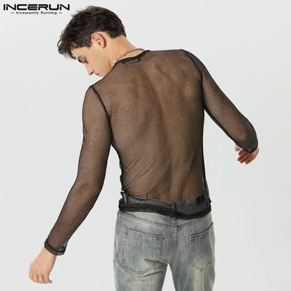 INCERUN Tops 2023 American Style New Men's Glitter Mesh Perspective Camiseta Sexy Male Hot Sale Long Sleeve Thin T-shirts S-5XL