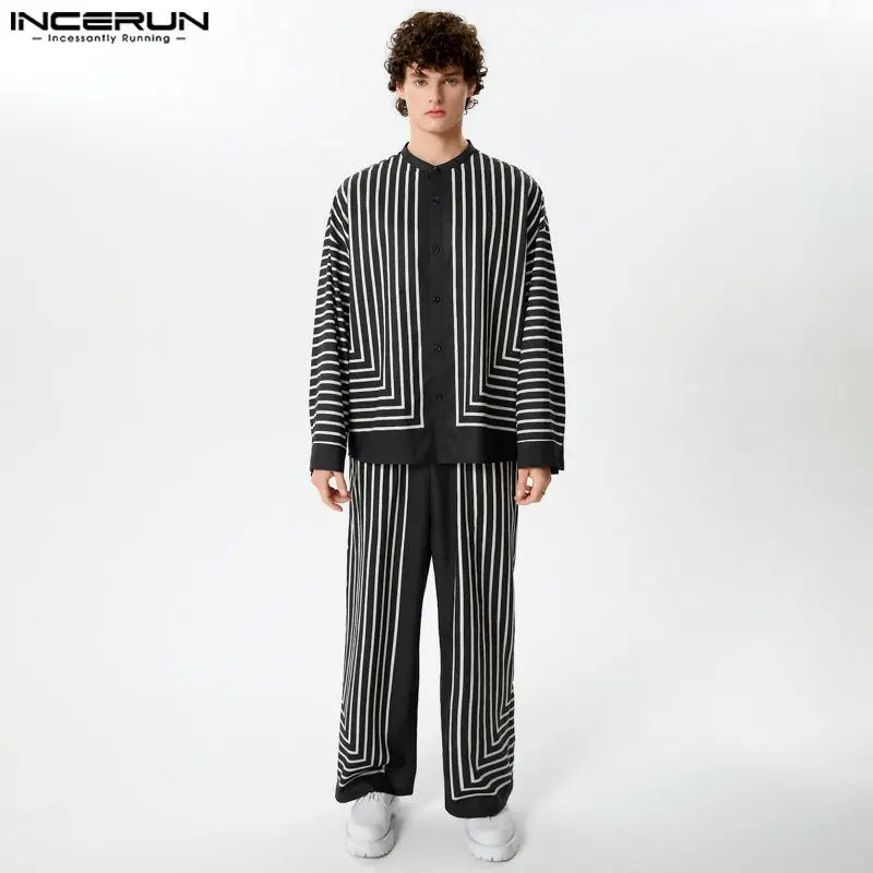 INCERUN 2024 American Style Sets New Men's Stylish Striped Stand Collar Shirts Long Pants Leisure Streetwear Suit 2 Pieces S-5XL