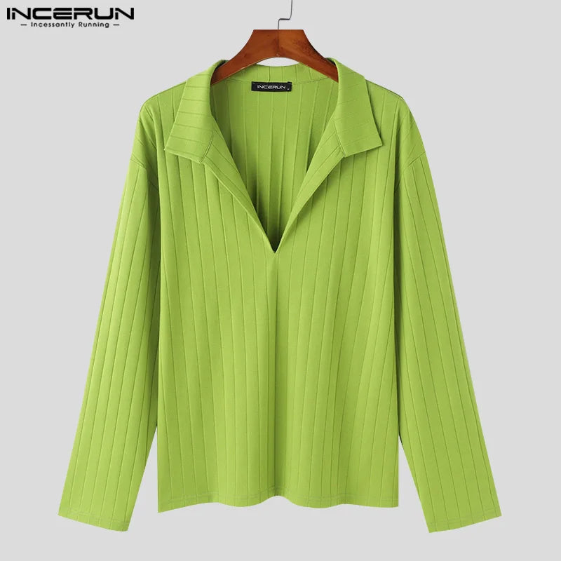 INCERUN Tops 2024 Korean Style Men's Solid Texture Simple All-match Shirts Casual Streetwear Male Hot Selling Lapel Blouse S-5XL