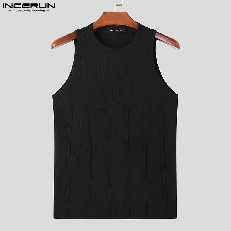 Handsome Well Fitting Tops INCERUN New Mens O-neck Patchwork Line Vests Casual Streetwear Personality Sleeveless Tank Tops S-5XL