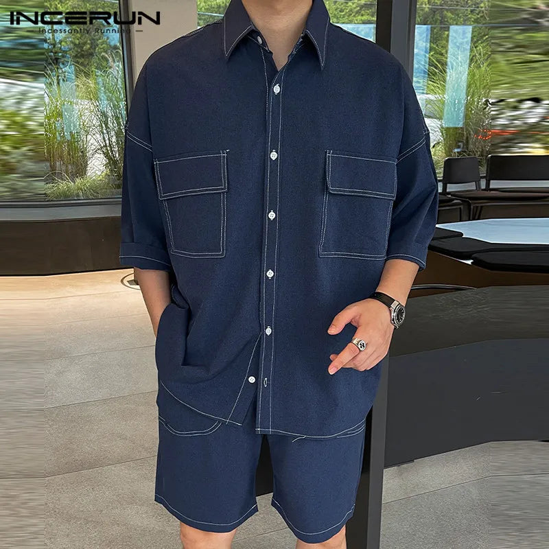 INCERUN 2024 Korean Style Leisure Mens Sets Line Splicing Design Short Sleeved Shirt Shorts Simple All-match Suit 2 Pieces S-5XL