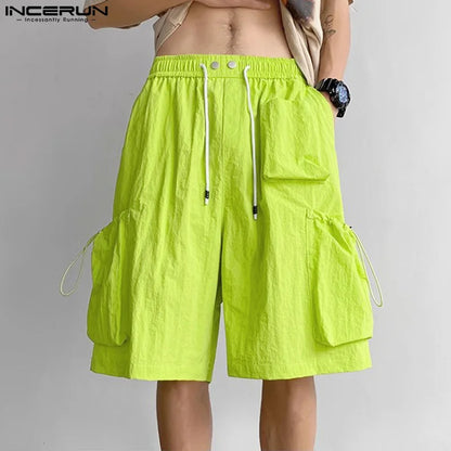 INCERUN 2024 Korean Style Shorts New Men Cargo Pockets Elastic Waist Drawstring Shorts Summer Stylish Solid Cropped Shorts S-5XL