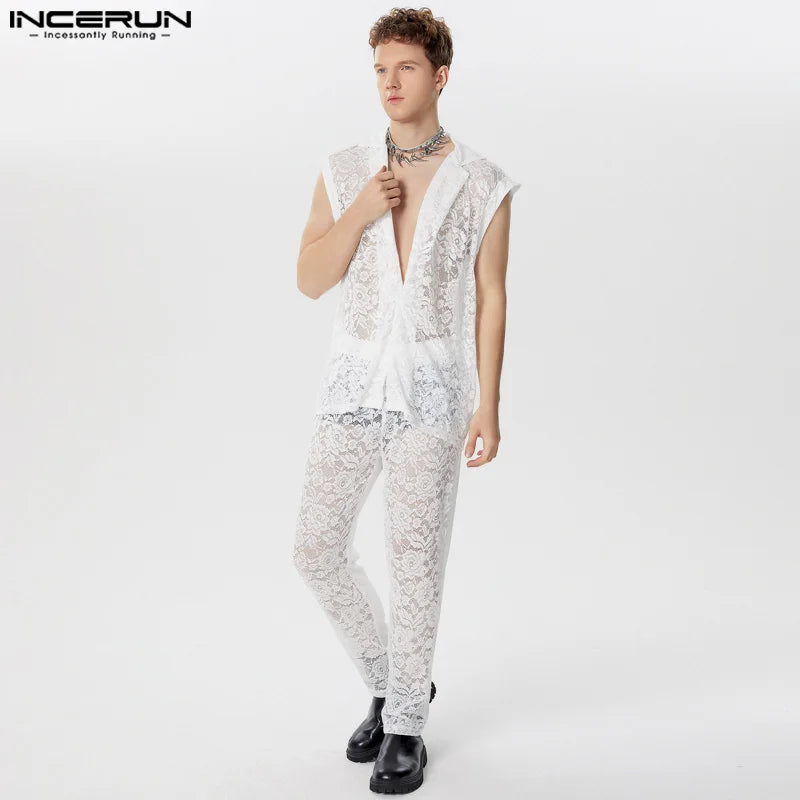 INCERUN 2024 American Style Sets Mens Sexy Casual Lace Hollow Perspective Sleeveless Shirts Pants Streetwear Suit 2 Pieces S-5XL