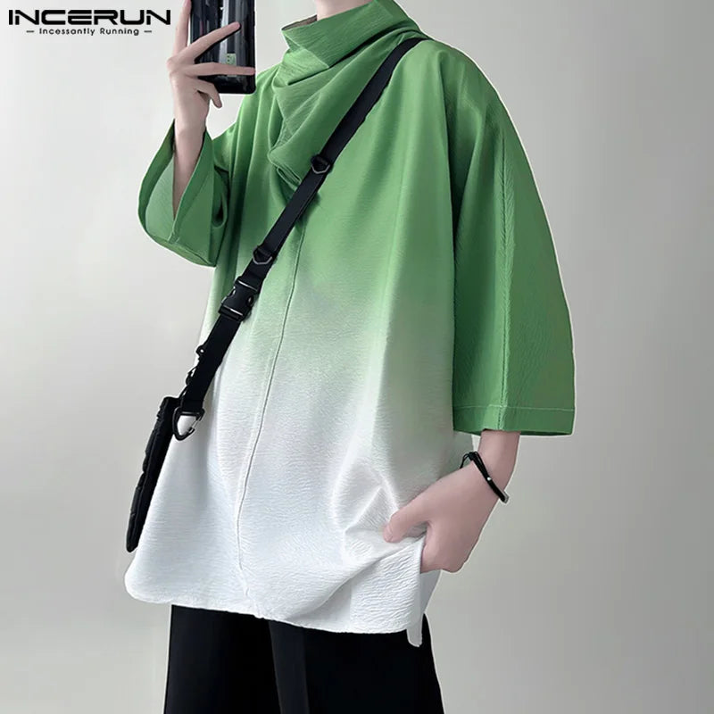 INCERUN Tops 2024 Korean Style Mens High Pile Collar Design T-shirts Fashion Gradient Color Three Quarter Sleeved Camiseta S-5XL