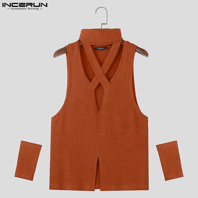 INCERUN Männer Tank Tops Einfarbig Rollkragen Ärmelloses Aushöhlen Casual Westen Streetwear 2024 Gestrickte Mode Männer Kleidung