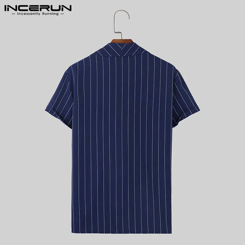 2024 Summer Shirts Men INCERUN  Fashion Short Sleeve Tops Men Clothing Streetwear Casual Shirts Stripe Shirt S-5XL Button V Neck