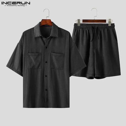 INCERUN 2024 Korean Style Sets Stylish Men's Short Sleeved Shirts Shorts Leisure Streetwear Male Solid Color Suit 2 Pieces S-5XL