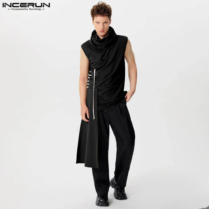 Fashion Casual Style Tops INCERUN Men's High Neck Irregular Design Vests Streetwear Patchwork Striped Sleeveless Tank Tops S-5XL