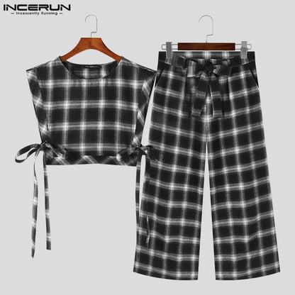 INCERUN 2024 American Style Men's Stylish Sets Sleeveless Vests Long Pants Casual Cropped Plaid Lace Design Suit 2 Pieces S-5XL